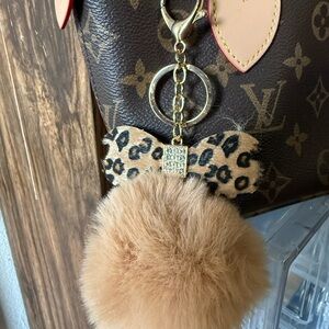Leopard Print bow Keychain / bag charm with fluffy Tan Pom Pom